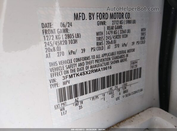 3FMTK4SX2RMA19616 2024 FORD MUSTANG MACH-E White ძრავის განყოფილების ხედი