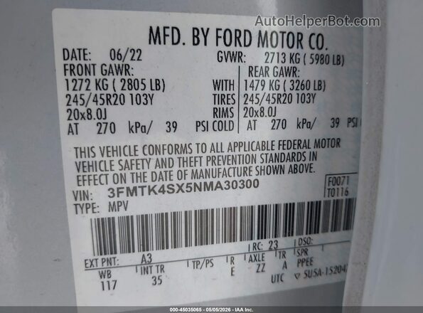 3FMTK4SX5NMA30300 2022 FORD MUSTANG MACH-E Silver Vista del compartimento del motor