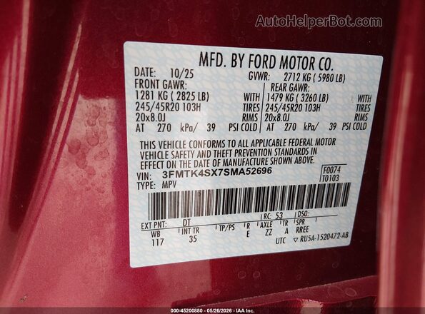3FMTK4SX7SMA52696 2025 FORD MUSTANG MACH-E Красный 