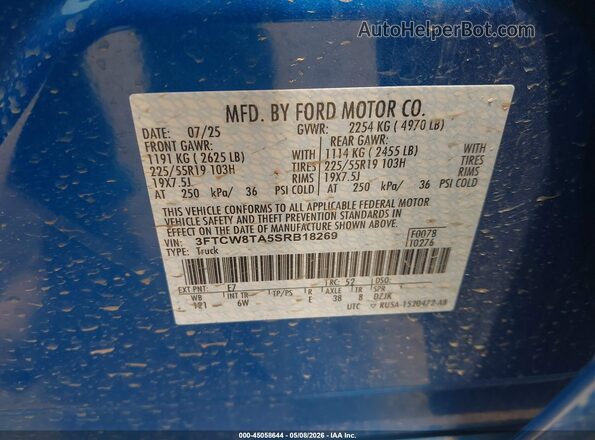 3FTCW8TA5SRB18269 2025 FORD MAVERICK Blue Vista del compartimento del motor