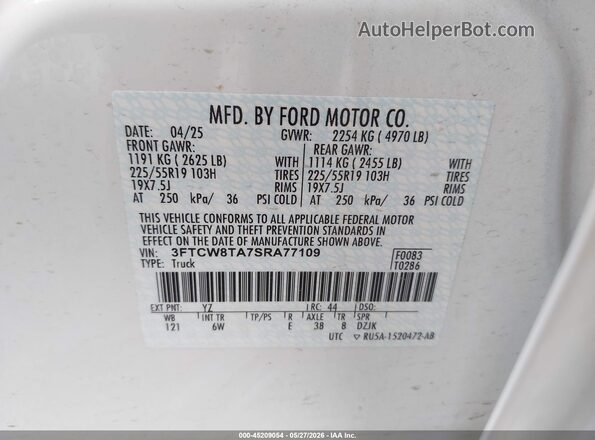 3FTCW8TA7SRA77109 2025 FORD MAVERICK White Շարժիչի բաժամունքի տեսք