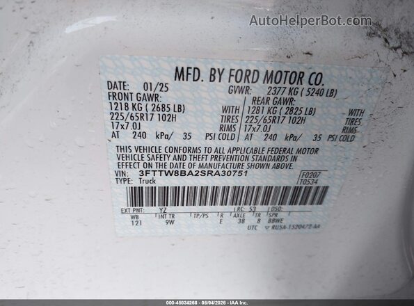 3FTTW8BA2SRA30751 2025 FORD MAVERICK White Widok komory silnika
