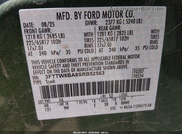 3FTTW8BA8SRB52563 2025 FORD MAVERICK Зеленый Вид подкапотного пространства