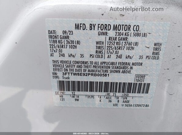 3FTTW8E92PRB00581 2023 FORD MAVERICK White Շարժիչի բաժամունքի տեսք
