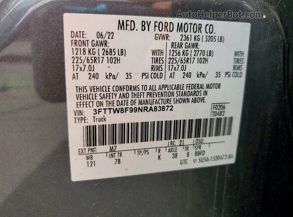 3FTTW8F99NRA83872 2022 FORD MAVERICK Gray Vista del compartimento del motor
