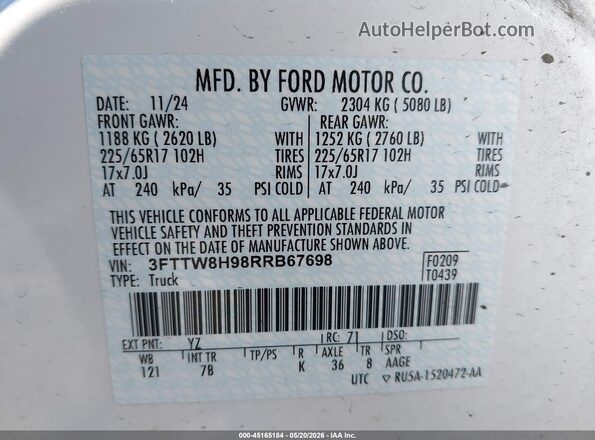 3FTTW8H98RRB67698 2024 FORD MAVERICK White Вид підкапотного простору