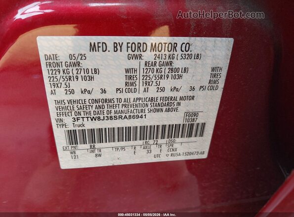 3FTTW8J38SRA86941 2025 FORD MAVERICK Red 