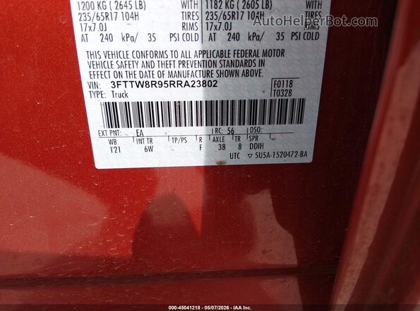 3FTTW8R95RRA23802 2024 FORD MAVERICK Orange Vista del compartimento del motor