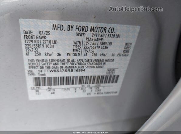 3FTTW8S37SRB16994 2025 FORD MAVERICK Silver Widok komory silnika