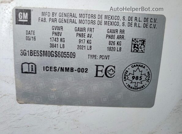 3G1BE5SM0GS605509 2016 CHEVROLET CRUZE White VIN კოდის სტიკერის ხედი