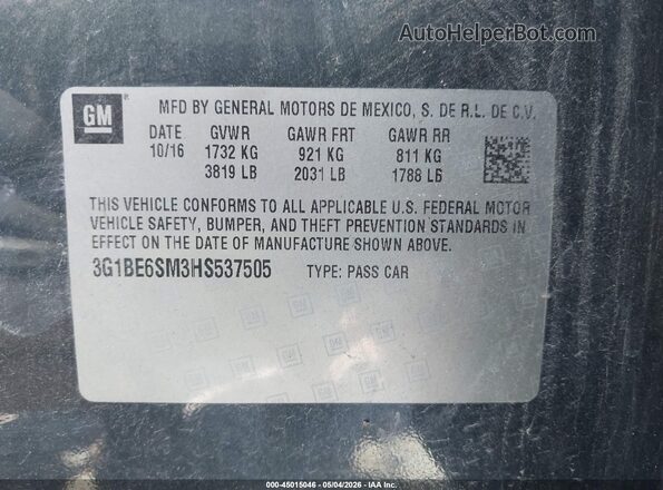 3G1BE6SM3HS537505 2017 CHEVROLET CRUZE Gray Vista del compartimento del motor
