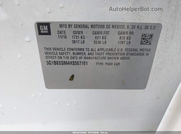 3G1BE6SM4HS567161 2017 CHEVROLET CRUZE White Շարժիչի բաժամունքի տեսք
