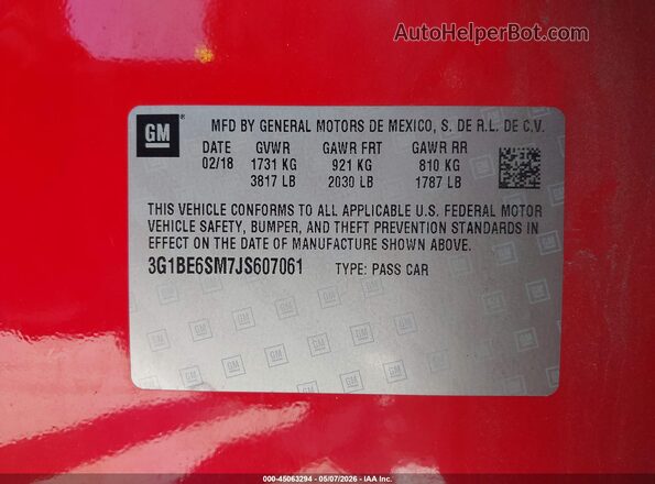 3G1BE6SM7JS607061 2018 CHEVROLET CRUZE Red 