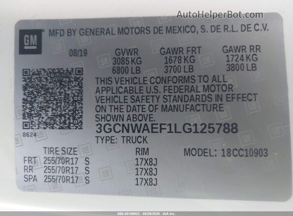 3GCNWAEF1LG125788 2020 CHEVROLET SILVERADO Белый 