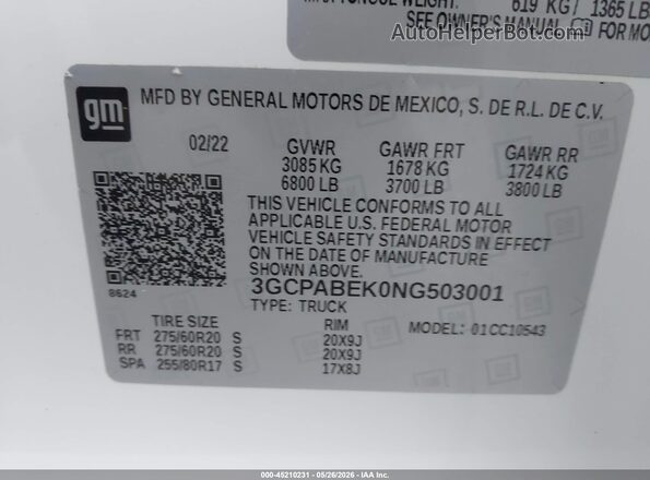 3GCPABEK0NG503001 2022 CHEVROLET SILVERADO White 