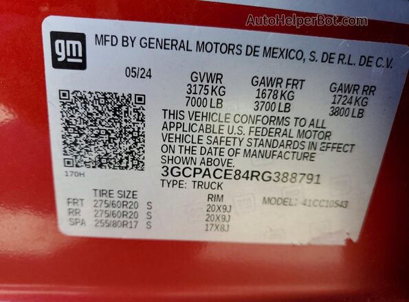 3GCPACE84RG388791 2024 CHEVROLET SILVERADO Красный 
