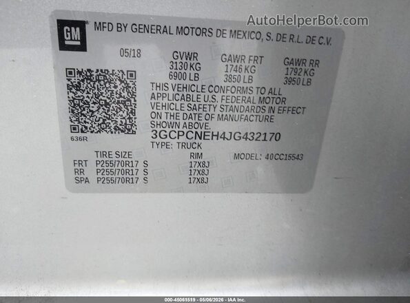 3GCPCNEH4JG432170 2018 CHEVROLET SILVERADO Серебряный 
