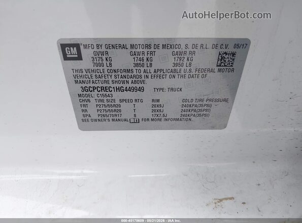 3GCPCREC1HG449949 2017 CHEVROLET SILVERADO White Engine compartment view