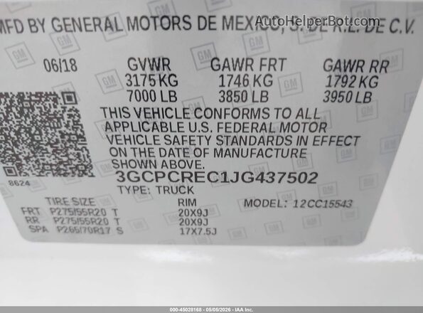 3GCPCREC1JG437502 2018 CHEVROLET SILVERADO White Vista del compartimento del motor