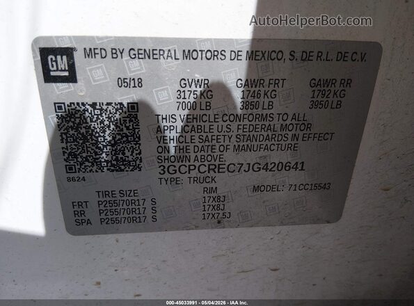 3GCPCREC7JG420641 2018 CHEVROLET SILVERADO White Շարժիչի բաժամունքի տեսք