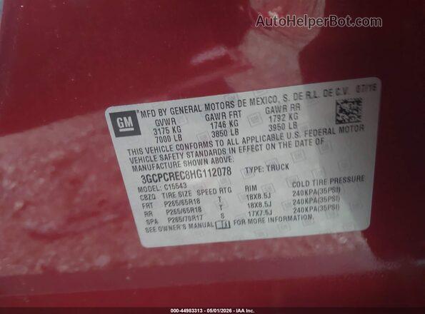 3GCPCREC8HG112078 2017 CHEVROLET SILVERADO Maroon Engine compartment view