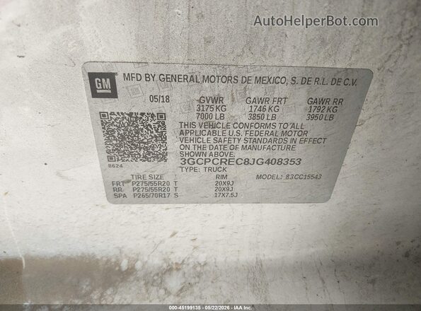3GCPCREC8JG408353 2018 CHEVROLET SILVERADO White 