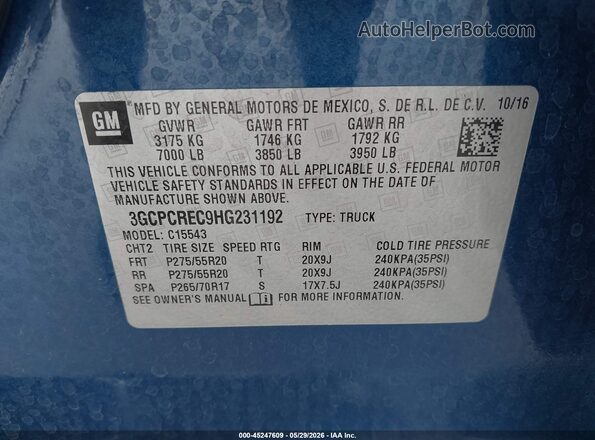 3GCPCREC9HG231192 2017 CHEVROLET SILVERADO Blue Вид підкапотного простору