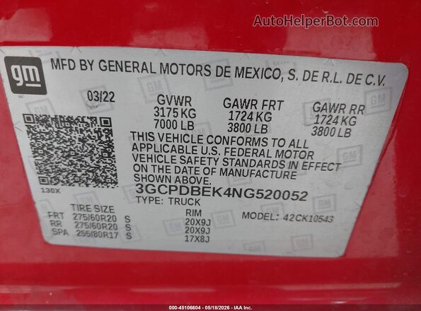 3GCPDBEK4NG520052 2022 CHEVROLET SILVERADO Красный 