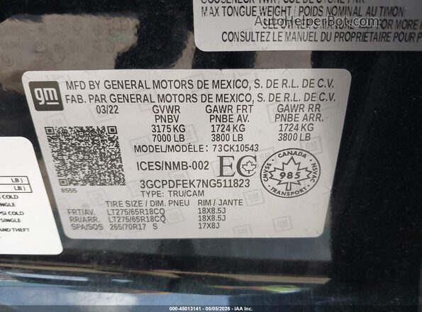 3GCPDFEK7NG511823 2022 CHEVROLET SILVERADO Черный 