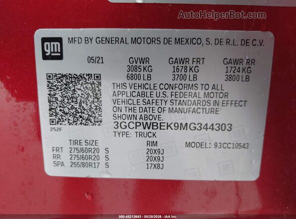 3GCPWBEK9MG344303 2021 CHEVROLET SILVERADO Red Engine compartment view