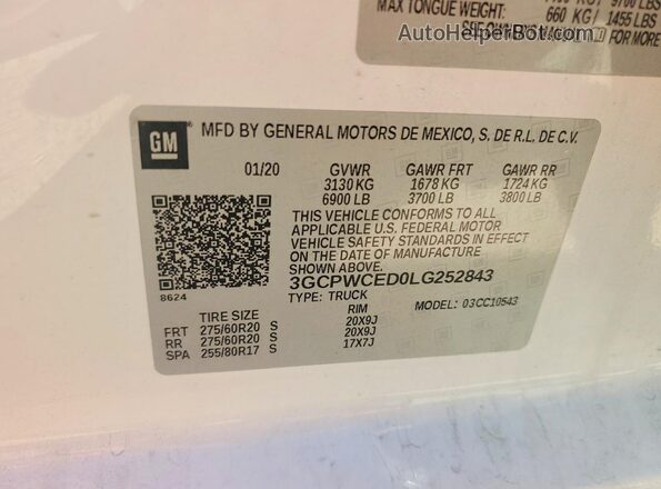 3GCPWCED0LG252843 2020 CHEVROLET SILVERADO White VIN կոդի պիտակի տեսք
