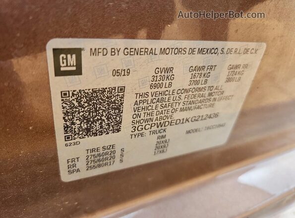 3GCPWDED1KG212436 2019 CHEVROLET SILVERADO Brown 