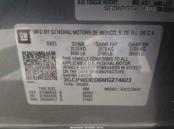 3GCPWDED6MG274823 2021 CHEVROLET SILVERADO Gray Вид підкапотного простору