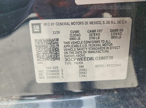 3GCPWEED8LG186036 2020 CHEVROLET SILVERADO Black Вид наклейки з VIN-кодом