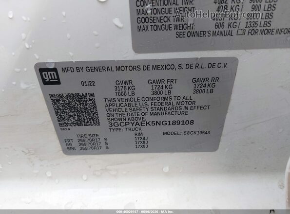 3GCPYAEK5NG189108 2022 CHEVROLET SILVERADO White Շարժիչի բաժամունքի տեսք