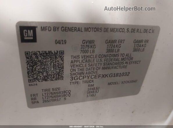 3GCPYCEFXKG181032 2019 CHEVROLET SILVERADO White Вид підкапотного простору
