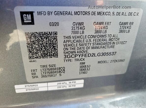3GCPYFED2LG305537 2020 CHEVROLET SILVERADO Gray Vista del compartimento del motor