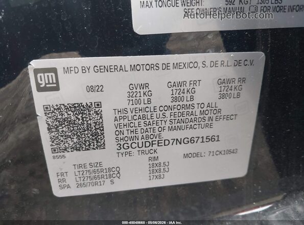3GCUDFED7NG671561 2022 CHEVROLET SILVERADO Black Вид підкапотного простору