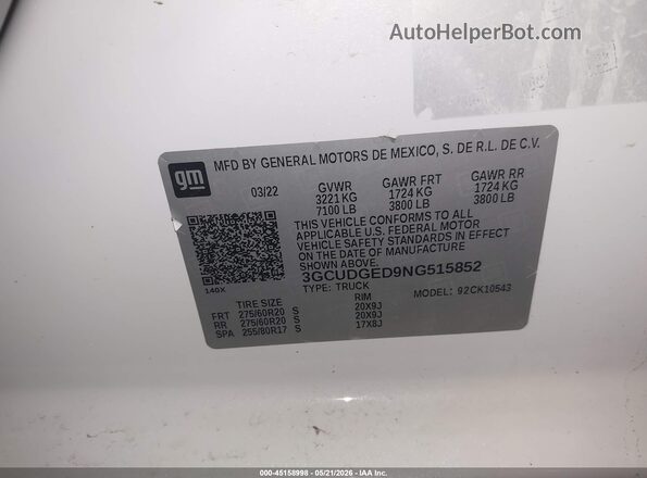 3GCUDGED9NG515852 2022 CHEVROLET SILVERADO White Շարժիչի բաժամունքի տեսք