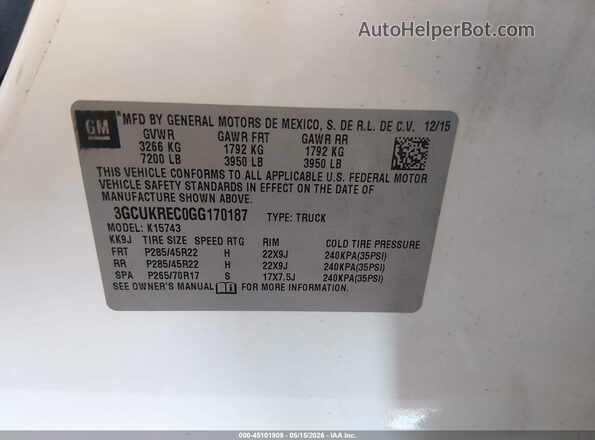 3GCUKREC0GG170187 2016 CHEVROLET SILVERADO Белый 