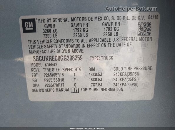 3GCUKREC0GG308259 2016 CHEVROLET SILVERADO Light Blue 