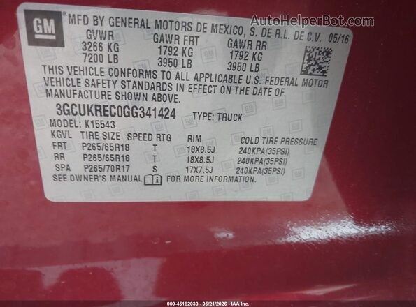 3GCUKREC0GG341424 2016 CHEVROLET SILVERADO Maroon Շարժիչի բաժամունքի տեսք