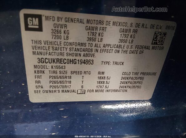 3GCUKREC0HG194863 2017 CHEVROLET SILVERADO Blue 