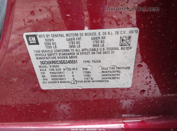 3GCUKREC3GG345631 2016 CHEVROLET SILVERADO Red 