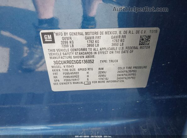3GCUKREC5GG136052 2016 CHEVROLET SILVERADO Blue 