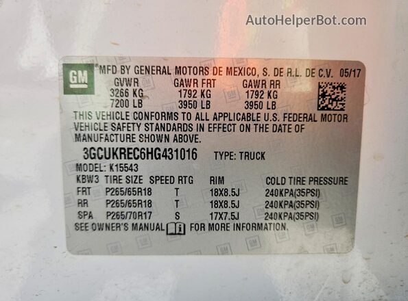 3GCUKREC6HG431016 2017 CHEVROLET SILVERADO White Вид підкапотного простору