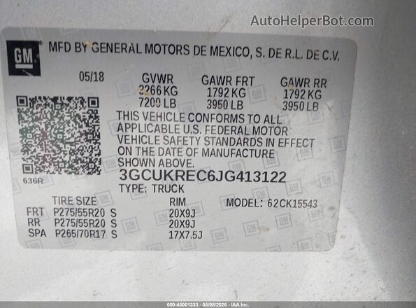 3GCUKREC6JG413122 2018 CHEVROLET SILVERADO Black 