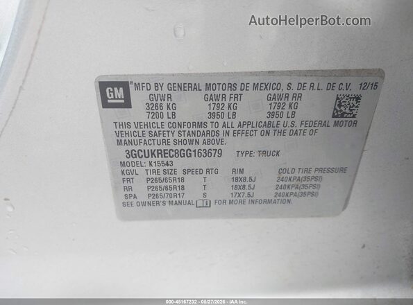 3GCUKREC8GG163679 2016 CHEVROLET SILVERADO Silver ძრავის განყოფილების ხედი
