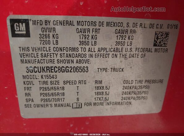 3GCUKREC8GG206563 2016 CHEVROLET SILVERADO Red Շարժիչի բաժամունքի տեսք