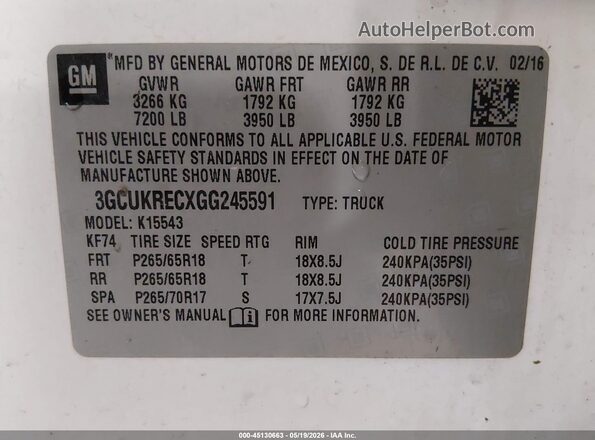 3GCUKRECXGG245591 2016 CHEVROLET SILVERADO White Вид підкапотного простору